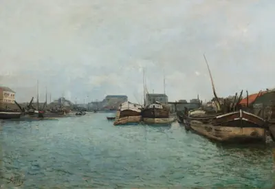 Vue d’un port, les péniches av Alfred Sisley