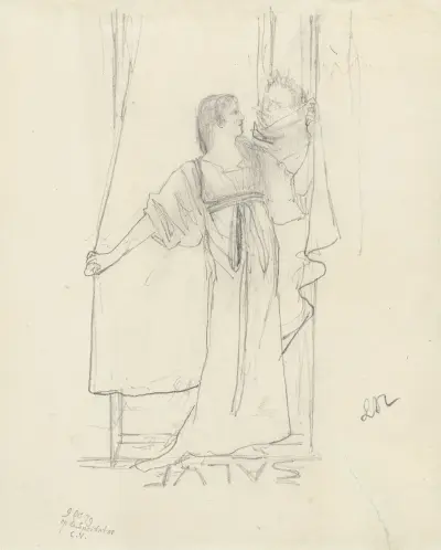 Stojąca kobieta rozmawiająca z mężczyzną za zasłoną, Lawrence Alma-Tadema