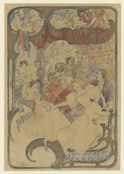 Amants maquette d’affiche hommes et femme entourant des musiciens av Alphonse Mucha