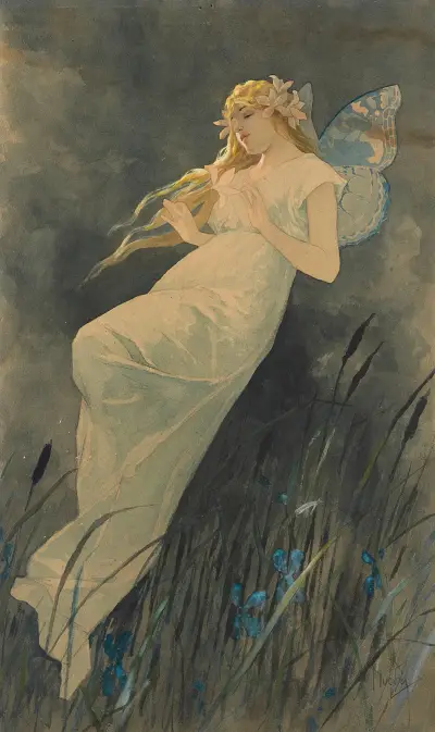 Elfe mit Irisblüten av Alphonse Mucha