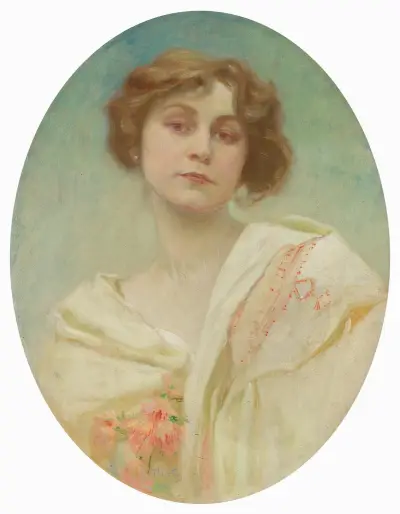 Portrait of a young woman in folk costume av Alphonse Mucha
