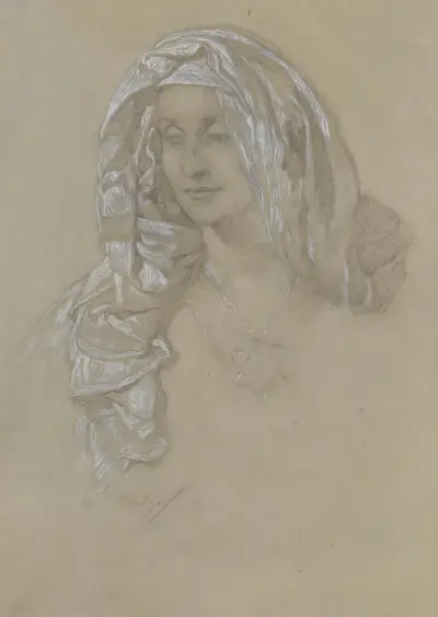 Woman With Headscarf And Star Medallion av Alphonse Mucha