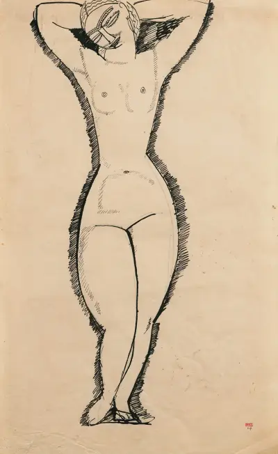 Akt frontalnie, ramiona uniesione, Amedeo Modigliani