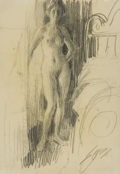 Naken figur stående vid en säng av Anders Zorn
