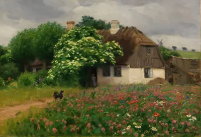 Bauernhaus mit Blumenwiese av Hans Andersen Brendekilde