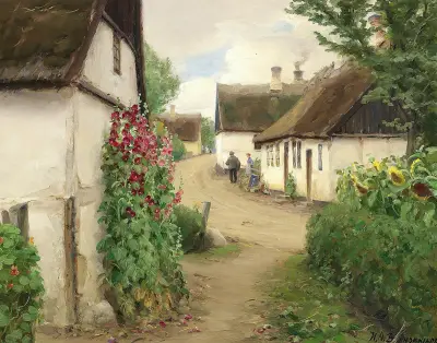 Sommerdag i en landsbygade med solsikker og røde stokroser av Hans Andersen Brendekilde