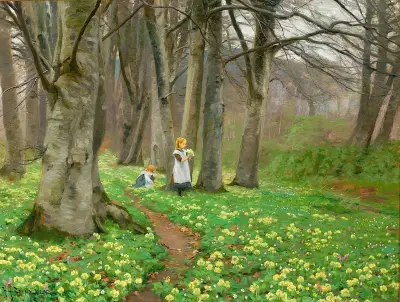 To piger plukker blomster i forårsskov av Hans Andersen Brendekilde