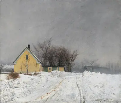 Foggy Winter Day. To the Left a Yellow House. Deep Snow., Laurits Andersen Ring
