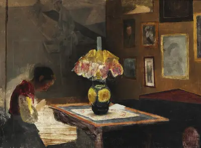 Kunstnerens hustru Sigrid syende ved lampelys. Karrebæksminde, Laurits Andersen Ring