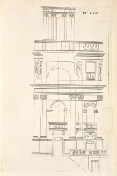 The geometrical elevation of the foregoing plan, and second preparation to the seventy-first figure., Andrea Pozzo