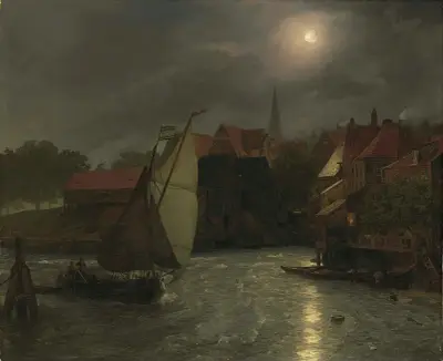 Boats On A Canal, Moonlight, Andreas Achenbach