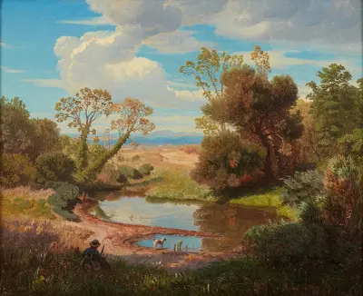 Italienische Landschaft mit einem Jäger und seinem Hund, Andreas Achenbach