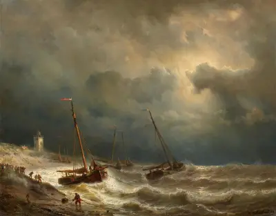 Segelschiffe an einer stürmischen Küste, Andreas Achenbach