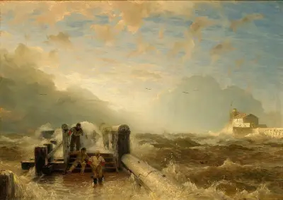 Storm at the pier (1877,), Andreas Achenbach