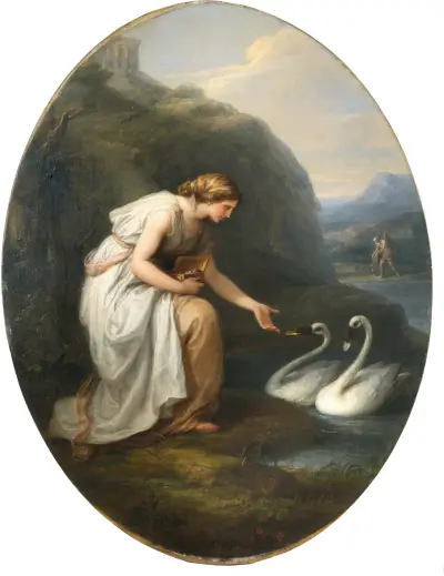 Immortalia, die Nymphe der Unsterblichkeit, empfängt Namensschilder von zwei Schwänen von Angelica Kauffmann