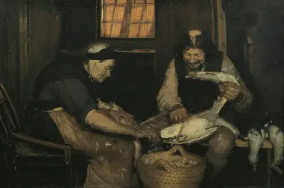 Old couple plucking gulls. Lars Gaihede and old Lene av Anna Ancher
