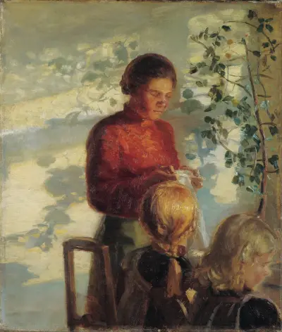 Two little girls being taught how to sew av Anna Ancher