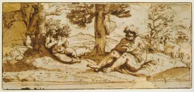 Amor, Playing the Flute, and Silen in an Arcadian Landscape av Annibale Carracci