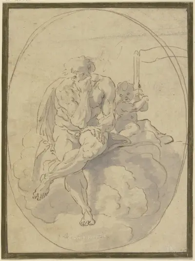 Saturn auf Wolken sitzend, Amor hält die Sense av Annibale Carracci