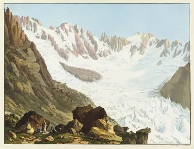 Vue du Jardin, des Droites, et des Courtes, des Aiguilles de l’Echau, des Rouges, et du Glacier du Talefre, prise du Sommet du Rocher du Couvercle av Jean-Antoine Linck