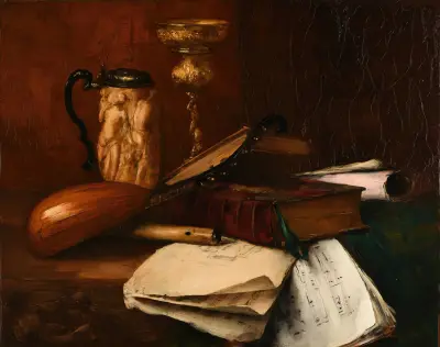 Kelch, Weinkrug, liturgische Bücher und Musikhefte von Antoine Vollon