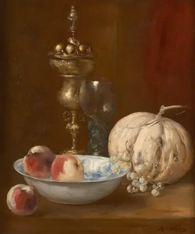 Melone, Obstschale und Silbergefäß auf einem Tisch von Antoine Vollon