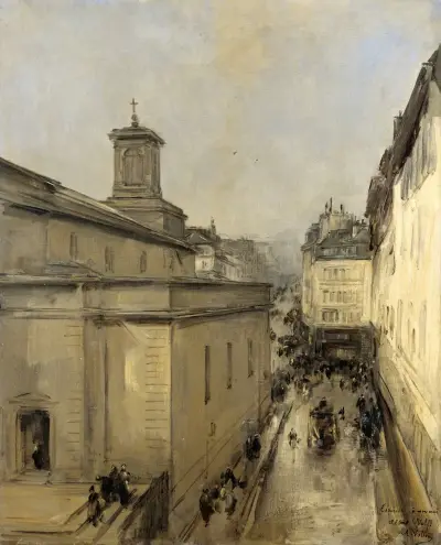 Blick auf die Kirche Notre-Dame-de-Lorette und die Rue Fléchier, Paris von Antoine Vollon