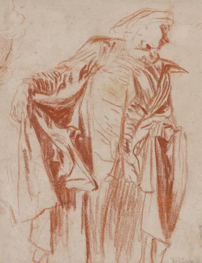 Schauspieler stehend mit nach rechts gewandtem Kopf von Jean-Antoine Watteau