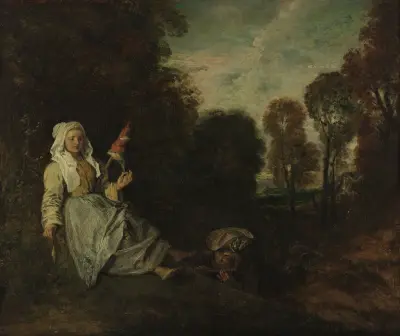 Abendlandschaft mit Spinnerin, Nr. 1 von Jean-Antoine Watteau
