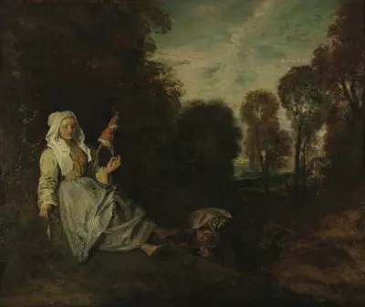 Abendlandschaft mit Spinnerin, 1713 von Jean-Antoine Watteau