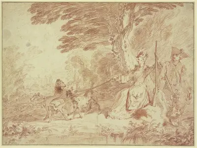 Jagdgesellschaft, Jägerin und Jäger mit vier Hunden in einer Landschaft von Jean-Antoine Watteau
