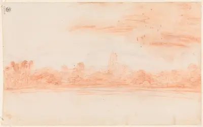 Landschaft mit Kirchturm von Jean-Antoine Watteau