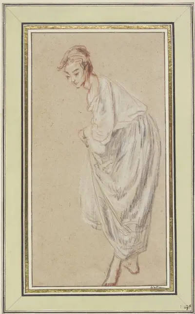 Stehendes Mädchen; barfuß, ihren Rock hebend von Jean-Antoine Watteau