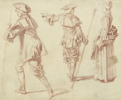 Zwei Pilger und eine stehende Frau im Profil von Jean-Antoine Watteau