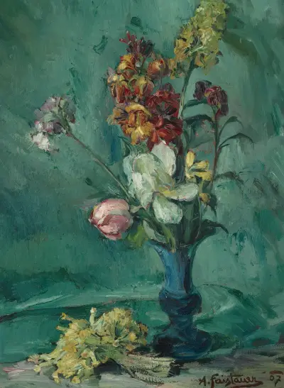 Blumen in blauer Vase und Schlüsselblumenstrauß av Anton Faistauer