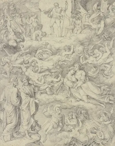 Dante und Vergil erblicken Paolo und Francesca, oben der Höllenrichter Minos, Joseph Anton Koch