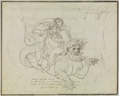 Dante und Virgil auf dem Rücken Geryons (Dante Inferno, Canto 17, V 94) 2, Joseph Anton Koch