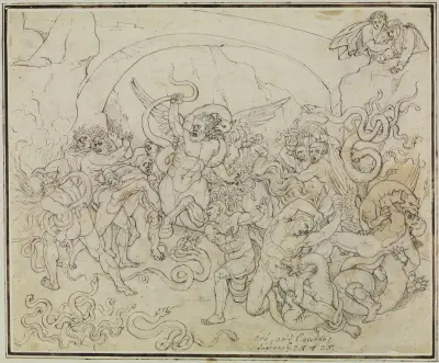 Die Strafe der Diebe im Tal der Schlangen und Drachen (Dante Inferno, Canto 25, V 17), Joseph Anton Koch