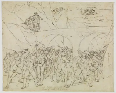 Kuppler, Betrüger und Schmeichler von den Teufeln gepeitscht (Dante Inferno, Canto 18, V 79), Joseph Anton Koch