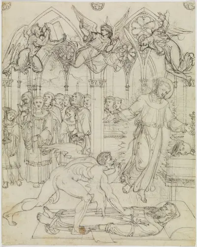 Streit des Hl. Franziskus mit dem Satan um die Seele des Mönches Guido da Montefeltro (Dante Inferno, Canto 27, V 112), Joseph Anton Koch