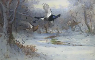 Birkhähne und Schneehühner im Flug – Winter von Archibald Thorburn