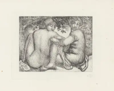 Deux femmes assises sous des feuillages av Aristide Maillol
