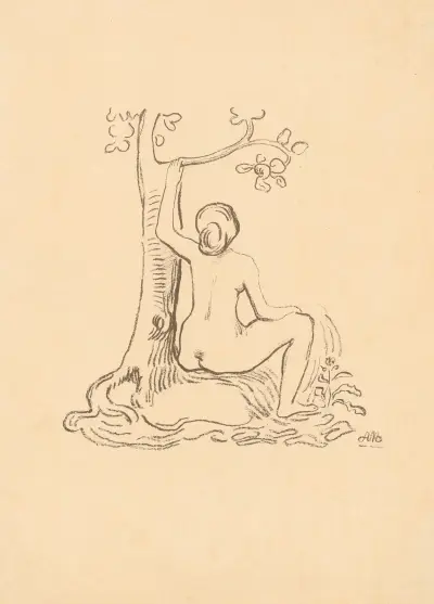 Femme nue assise sous un arbre av Aristide Maillol