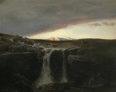 Mountain Landscape with Waterfall av Arnold Böcklin