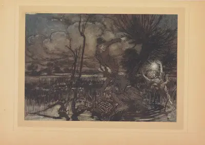 Celui qui égare les vovageurs nocturnes en riant de leurs mésaventures av Arthur Rackham