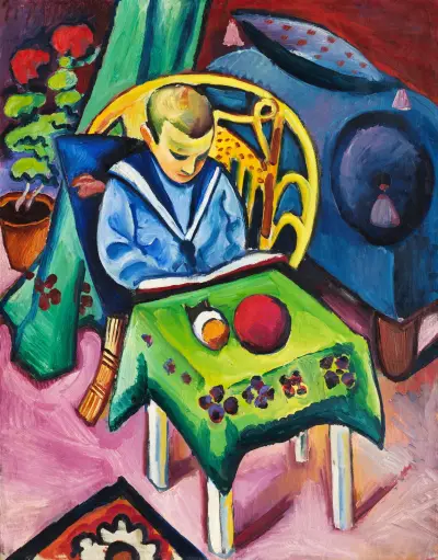 Junge mit Buch und Spielsachen av August Macke