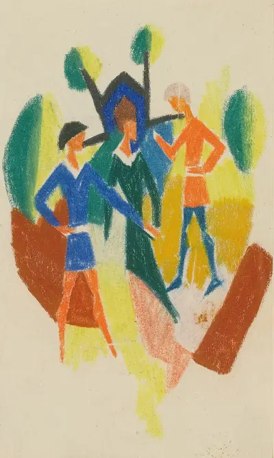 Zwei Männer Und Frau (Stickerei) (Two Men And A Woman (Embroidery) av August Macke