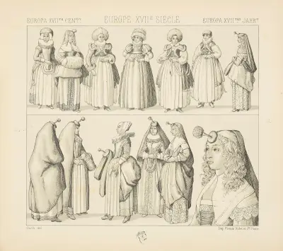 Angleterre, Brabant, Allemagne et France – costumes feminins 1640-1650 – les dames houppes av Auguste Racinet
