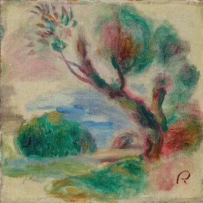 Arbre à Cagnes, au loin la mer av Pierre-Auguste Renoir