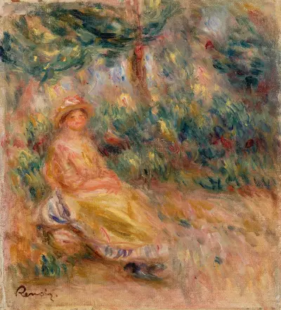 Woman in Pink and Yellow in a Landscape (Femme en rose et jaune dans un paysage) av Pierre-Auguste Renoir